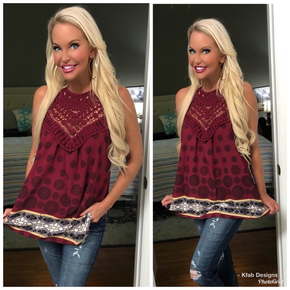 💕Wine Crochet/Lace Detail Halter Style Tunic! - Picture 6 of 8